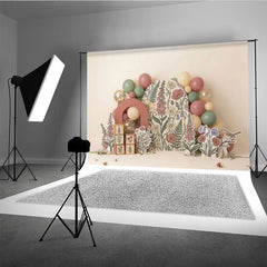 Aperturee Whimsical Muted Floral Photography Backdrop, Botanical Garden Arch with Pastel Balloons for Baby Shower