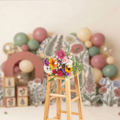Aperturee Whimsical Muted Floral Photography Backdrop, Botanical Garden Arch with Pastel Balloons for Baby Shower