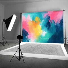 Aperturee Vibrant Abstract Photography Backdrop with Dynamic Teal, Pink, Yellow, and Orange Brushstrokes, Artistic Studio Decor