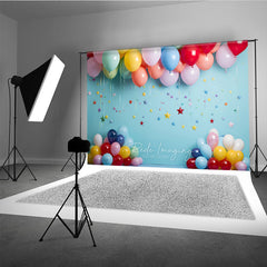Aperturee Vibrant Colorful Balloons and Star Confetti Sky Blue Photography Backdrop, Perfect for Birthday Party and Baby Shower