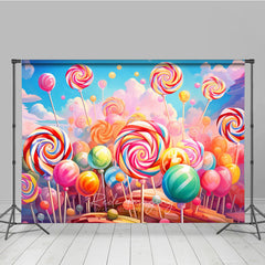 Aperturee Vibrant Colorful Lollipop Candy Land Photography Backdrop, Sweet Swirl Candies for Kids Birthday Party