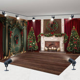 Aperturee - Aperturee Red Curtain Green Wall Christmas Room Set Backdrop