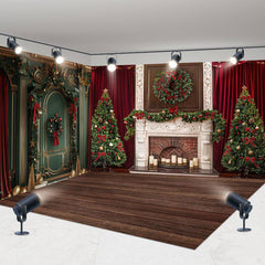 Aperturee - Aperturee Red Curtain Green Wall Christmas Room Set Backdrop