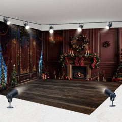 Aperturee - Aperturee Retro Red Wall Fireplace Christmas Room Set Backdrop