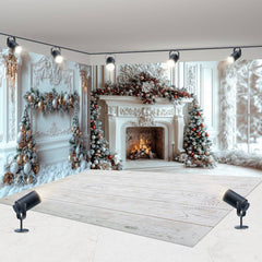 Aperturee - Aperturee White Luxury Fireplace Christmas Room Set Backdrop