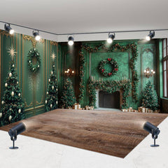 Aperturee - Aperturee Green Wall Tree Fireplace Christmas Room Set Backdrop