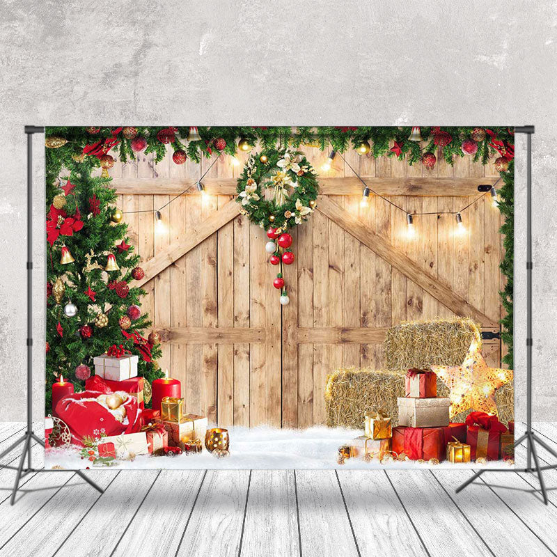 Aperturee - Aperturee Light Brown Wood Door Christmas Vibe Photo Backdrop