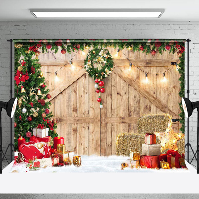 Aperturee - Aperturee Light Brown Wood Door Christmas Vibe Photo Backdrop