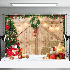 Aperturee - Aperturee Light Brown Wood Door Christmas Vibe Photo Backdrop