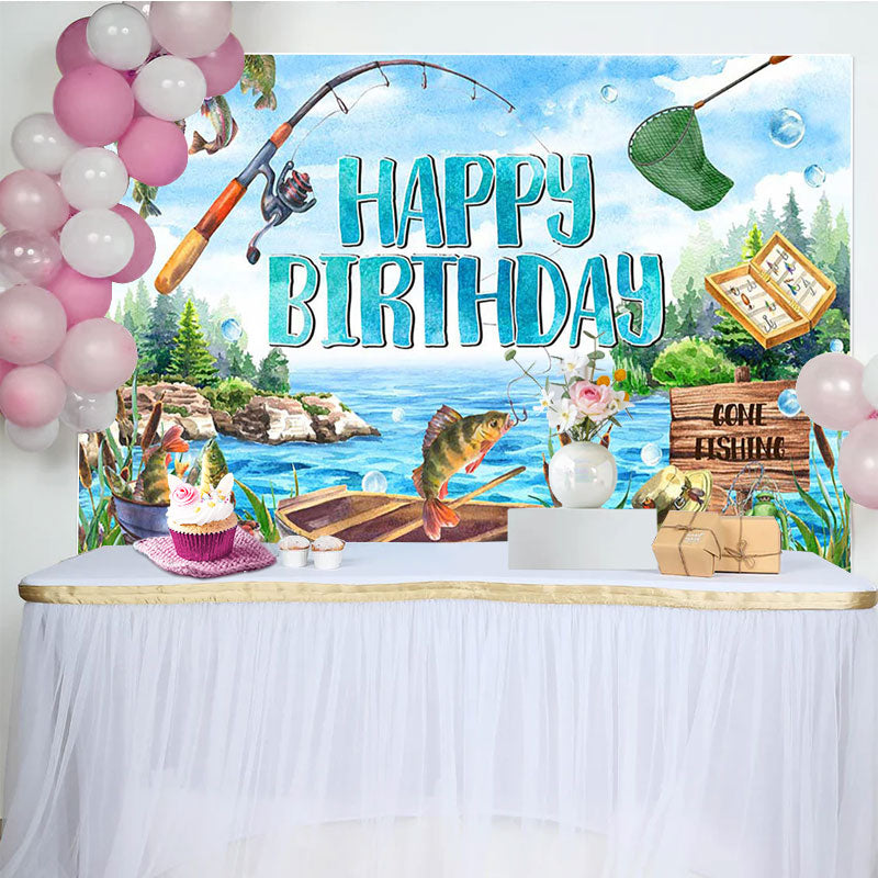 Aperturee - Blue Lake Wood Boat Fishing Happy Birthday Backdrop