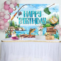 Aperturee - Blue Lake Wood Boat Fishing Happy Birthday Backdrop