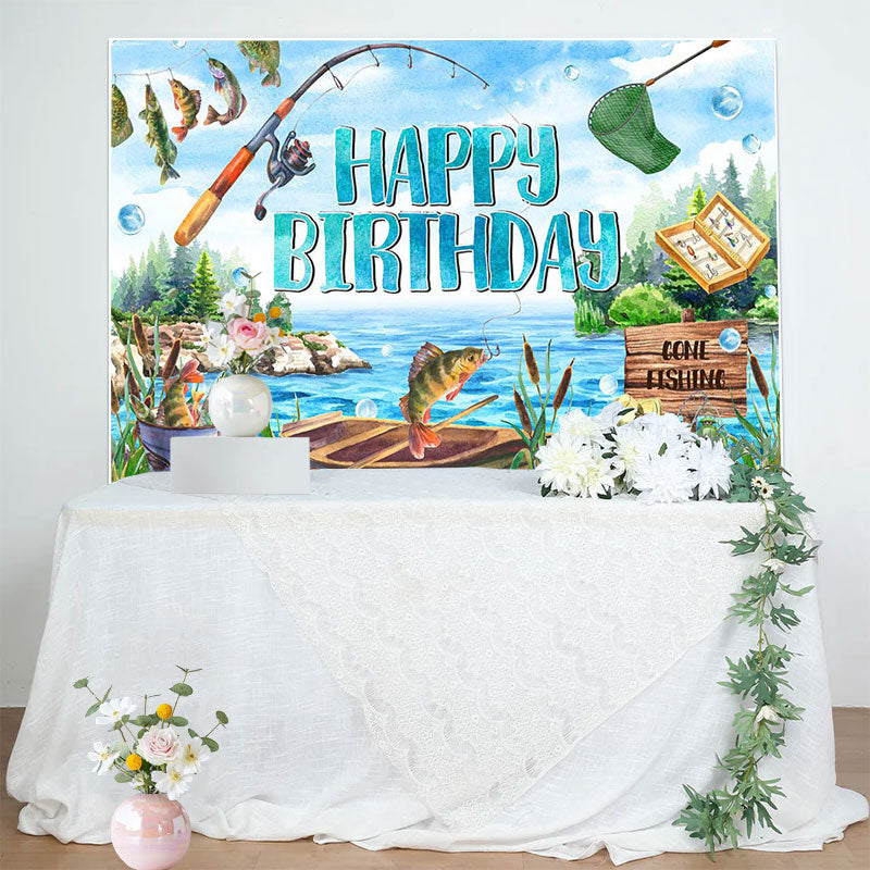 Aperturee - Blue Lake Wood Boat Fishing Happy Birthday Backdrop