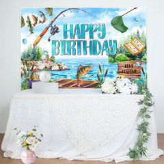 Aperturee - Blue Lake Wood Boat Fishing Happy Birthday Backdrop