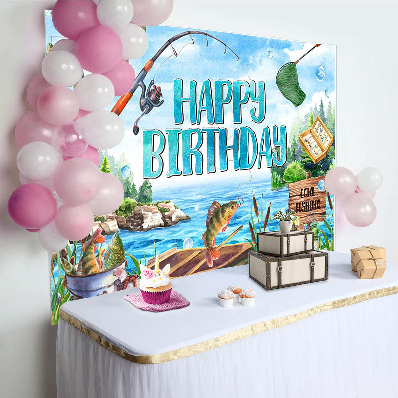 Aperturee - Blue Lake Wood Boat Fishing Happy Birthday Backdrop