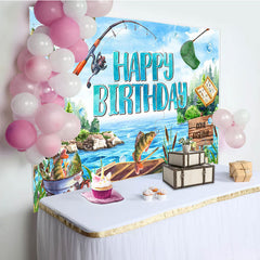 Aperturee - Blue Lake Wood Boat Fishing Happy Birthday Backdrop