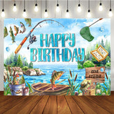 Aperturee - Blue Lake Wood Boat Fishing Happy Birthday Backdrop