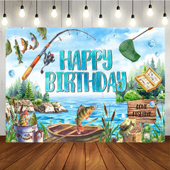 Aperturee - Blue Lake Wood Boat Fishing Happy Birthday Backdrop