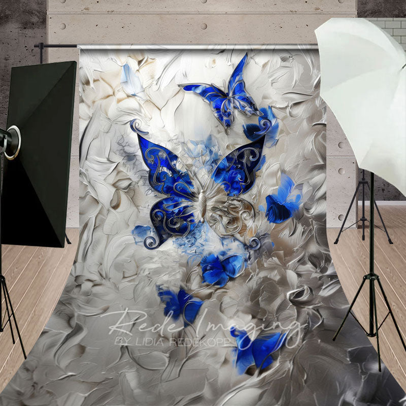 Aperturee - Aperturee Blue Silver Artistic Abstract Butterfly Sweep Backdrop