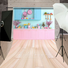 Aperturee - Aperturee Bright Pink Blue Easter Kitchen Sweep Photo Backdrop