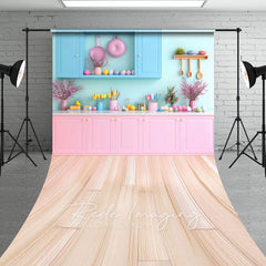 Aperturee - Aperturee Bright Pink Blue Easter Kitchen Sweep Photo Backdrop
