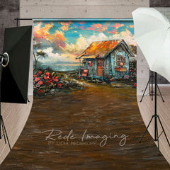 Aperturee - Aperturee Oil Painted Blue Sky Beach Shack Floral Sweep Backdrop