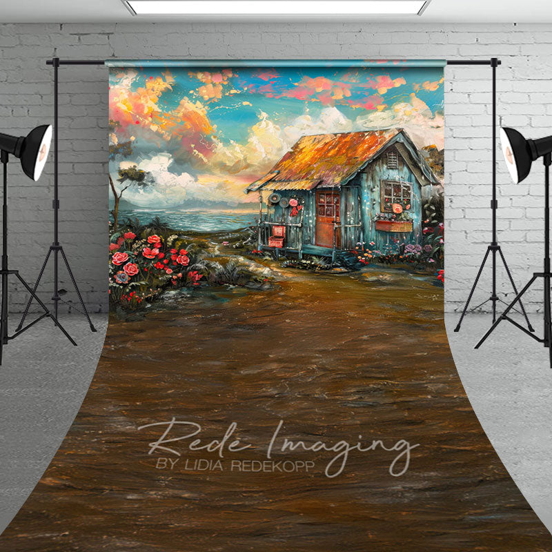Aperturee - Aperturee Oil Painted Blue Sky Beach Shack Floral Sweep Backdrop