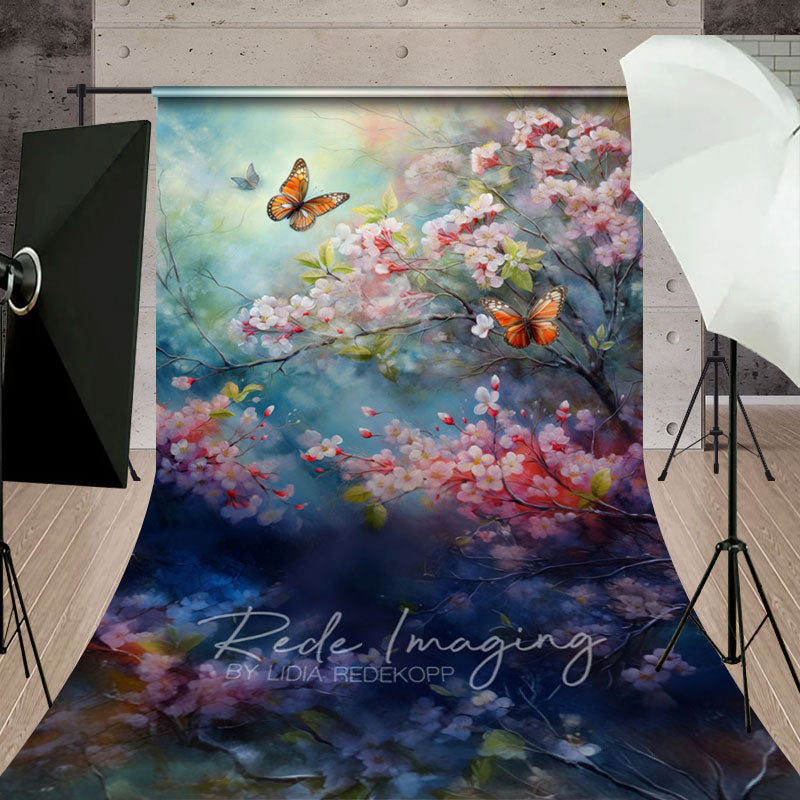 Aperturee - Aperturee Painted Pink Blossoms Butterfly Floral Sweep Backdrop