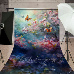 Aperturee - Aperturee Painted Pink Blossoms Butterfly Floral Sweep Backdrop