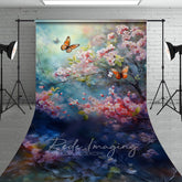 Aperturee - Aperturee Painted Pink Blossoms Butterfly Floral Sweep Backdrop
