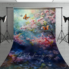 Aperturee - Aperturee Painted Pink Blossoms Butterfly Floral Sweep Backdrop