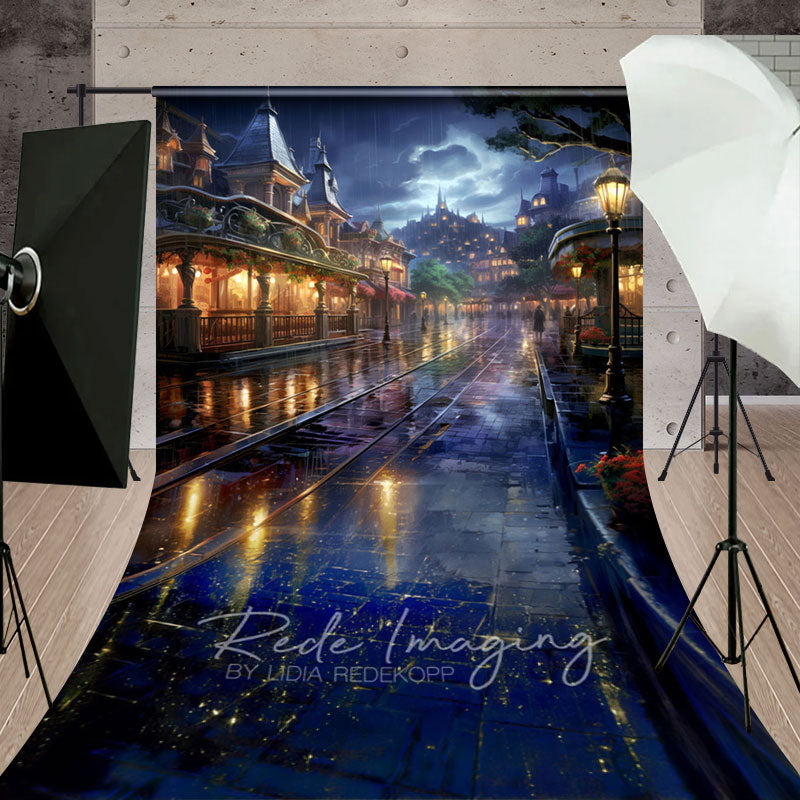 Aperturee - Aperturee Rainy Night Magical Kingdom Street Sweep Backdrop