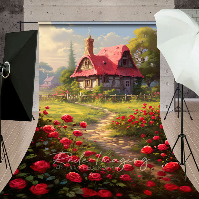 Aperturee - Aperturee Spring Greenery Red Rose Cabin Garden Sweep Backdrop