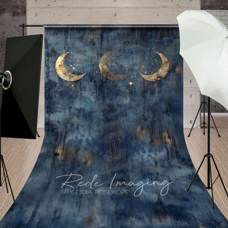 Aperturee - Aperturee Gold Sparkly Moons Blue Abstract Night Sweep Backdrop