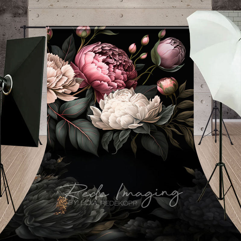 Aperturee - Aperturee Green Leaves Pink White Spring Florals Sweep Backdrop