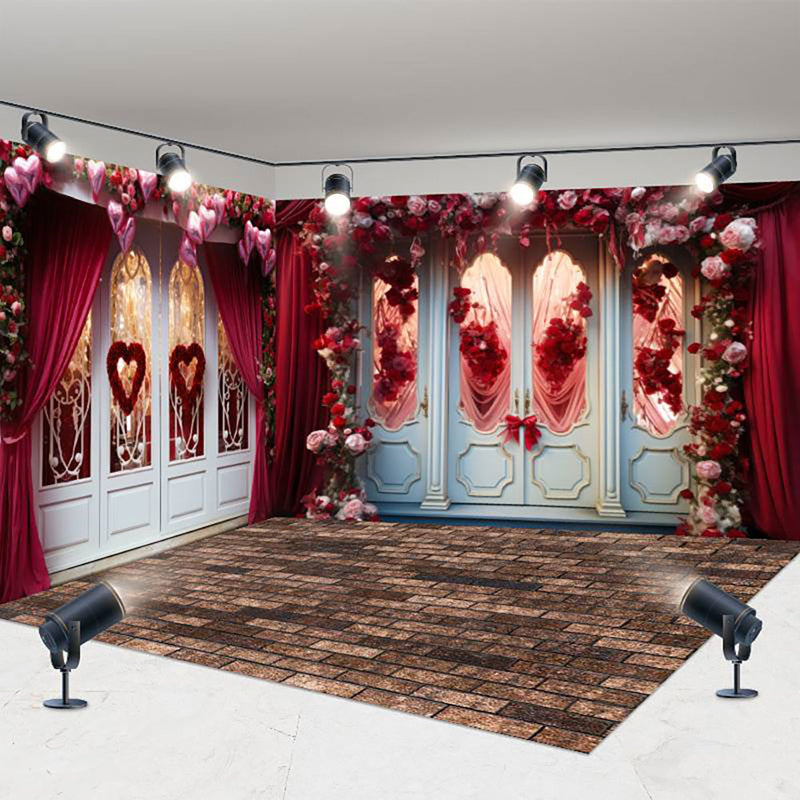 Aperturee - Aperturee Luxury Door Red Curtain Floral Room Set Backdrop