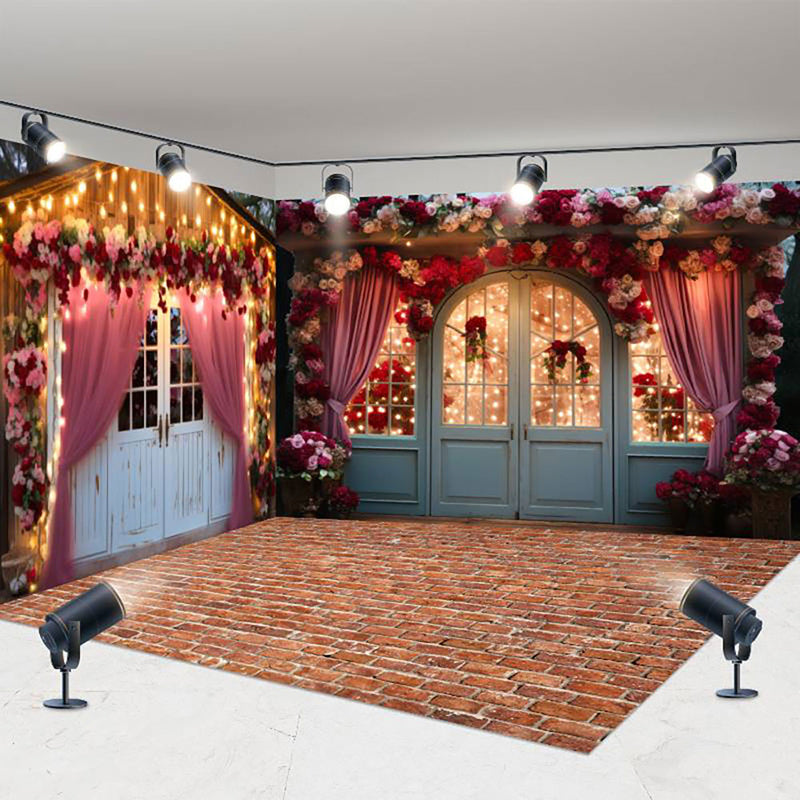 Aperturee - Aperturee Retro Door Curtain Lighted Floral Room Set Backdrop