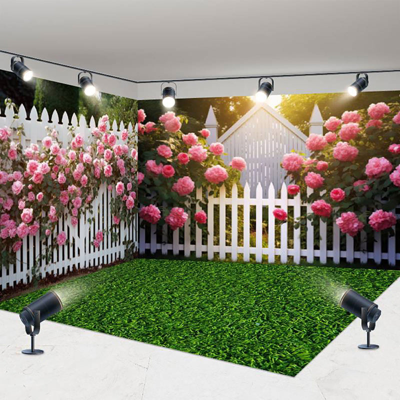 Aperturee - Aperturee Spring Garden Fence Greenery Floral Room Set Backdrop
