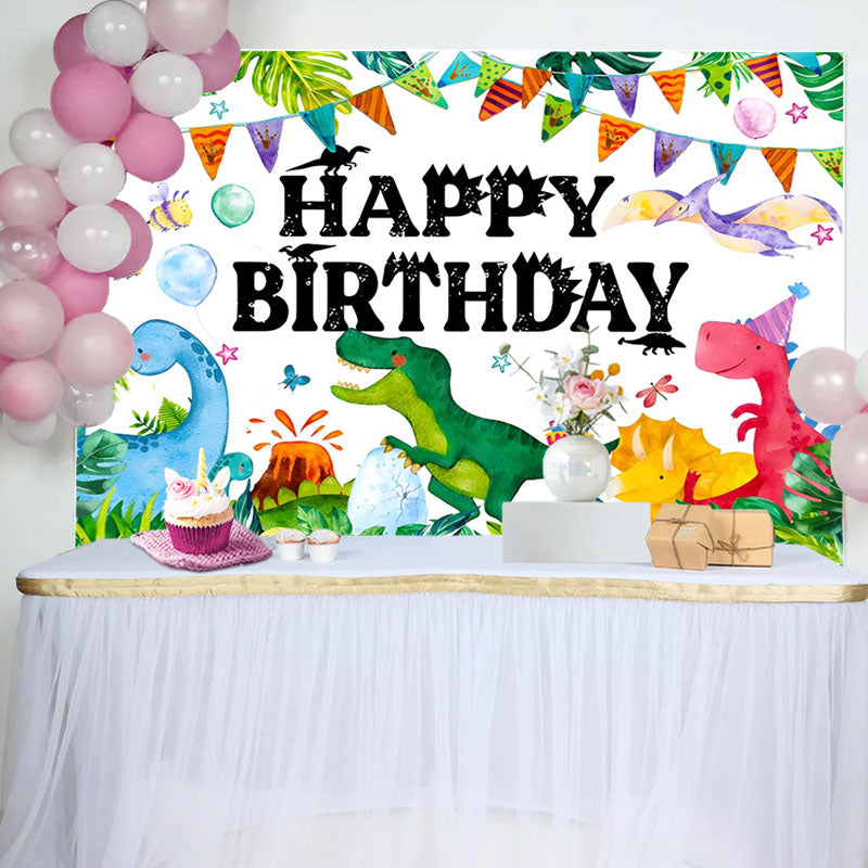Aperturee - Colorful Dinosaur Grass Monstera Birthday Backdrop