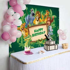 Aperturee - Green Leaves Wood Sign Animals Birthday Backdrop