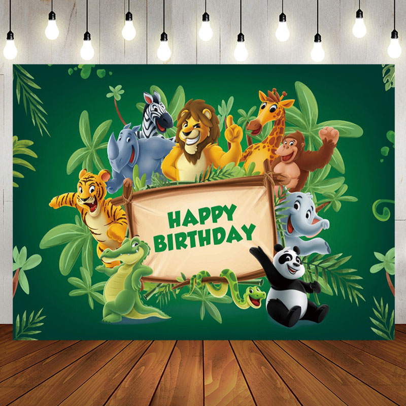 Aperturee - Green Leaves Wood Sign Animals Birthday Backdrop