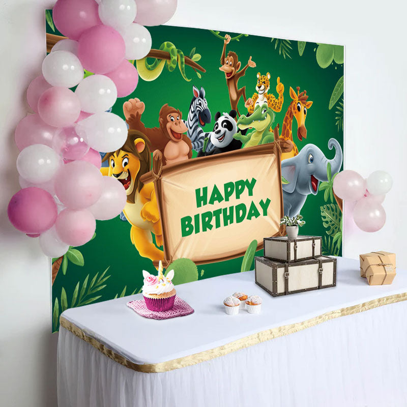 Aperturee - Green Leaves Animals Wood Sign Birthday Backdrop