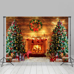 Aperturee - Aperturee Fireplace Wreath Wooden Christmas Tree Backdrop