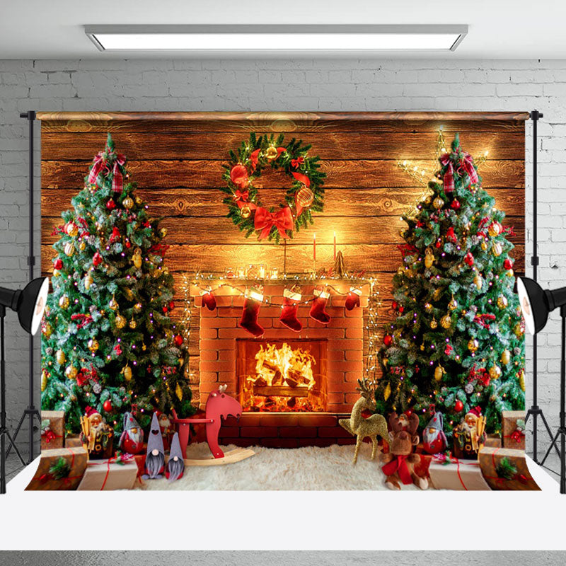Aperturee - Aperturee Fireplace Wreath Wooden Christmas Tree Backdrop