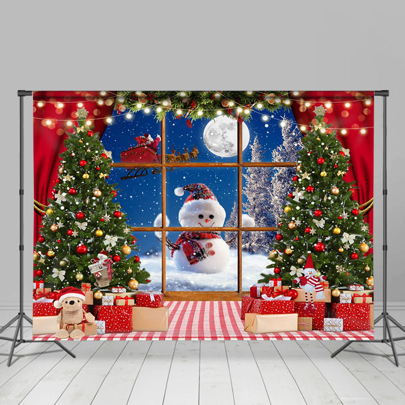 Aperturee - Aperturee Xmas Night Window Snowman Christmas Tree Backdrop