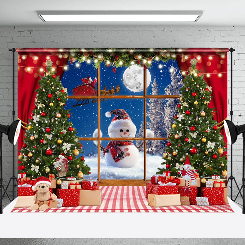 Aperturee - Aperturee Xmas Night Window Snowman Christmas Tree Backdrop