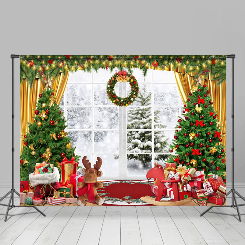 Aperturee - Aperturee Window Snowy Gifts Toy Wreath Christmas Backdrop