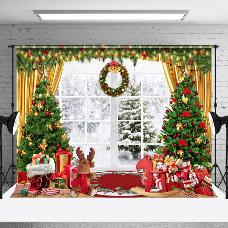 Aperturee - Aperturee Window Snowy Gifts Toy Wreath Christmas Backdrop