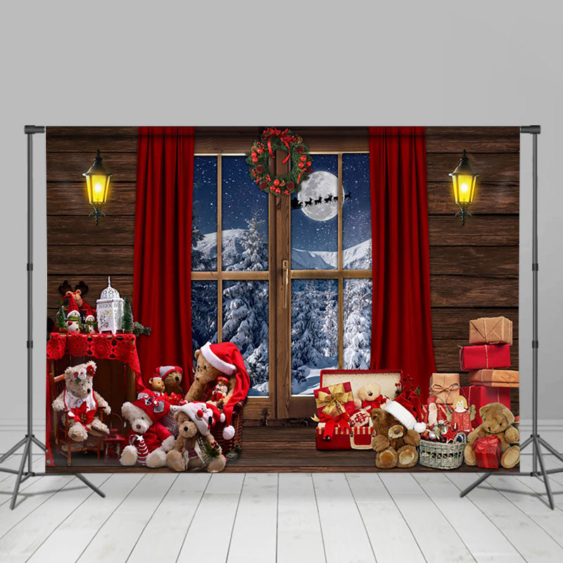 Aperturee - Aperturee Wood Grain Window Snow Mountain Moon Christmas Backdrop
