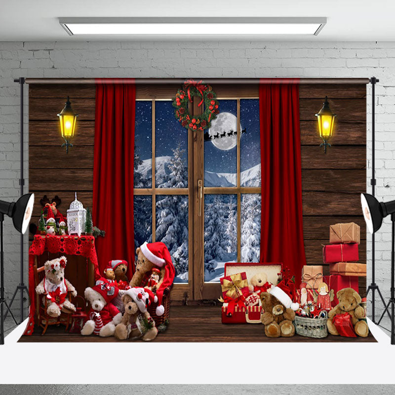 Aperturee - Aperturee Wood Grain Window Snow Mountain Moon Christmas Backdrop