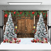Aperturee - Aperturee Old Wooden Door Christmas Tree Festive Photo Backdrop
